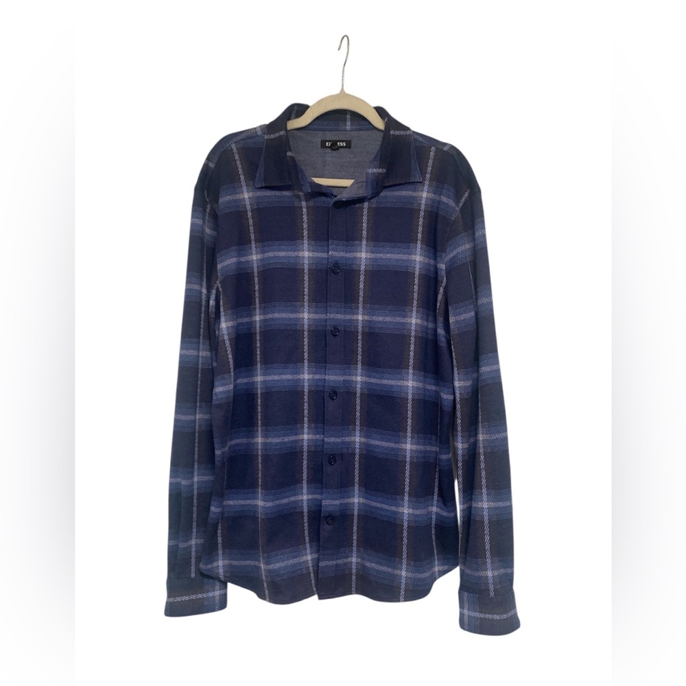 Express Navy Plaid Button Down Shirt EUC M